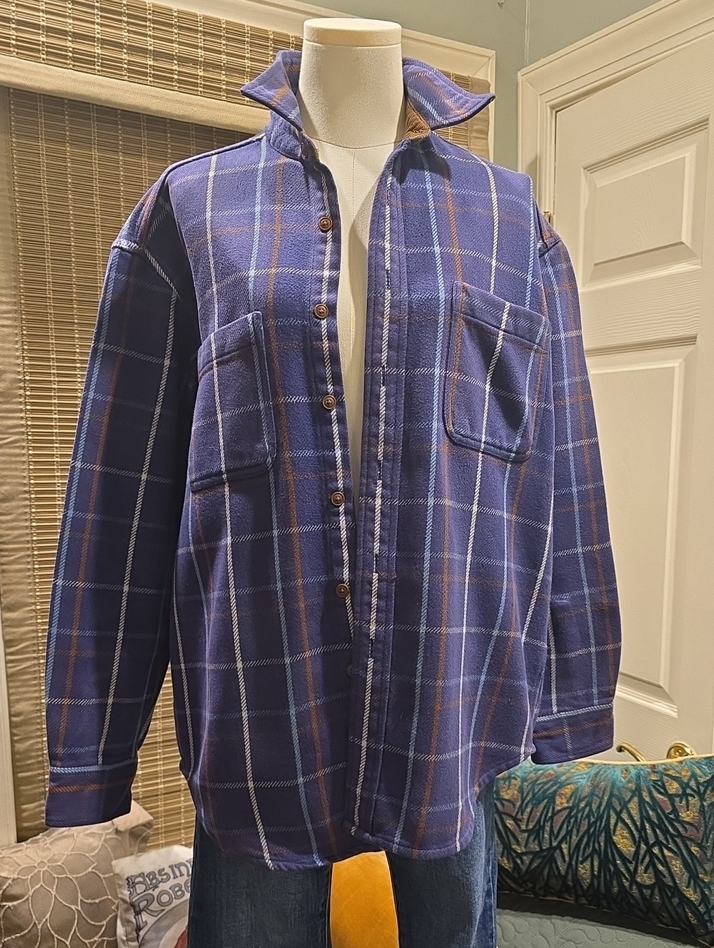 St. John's Bay Navy and Brown Plaid Flannel Shirt Jacket